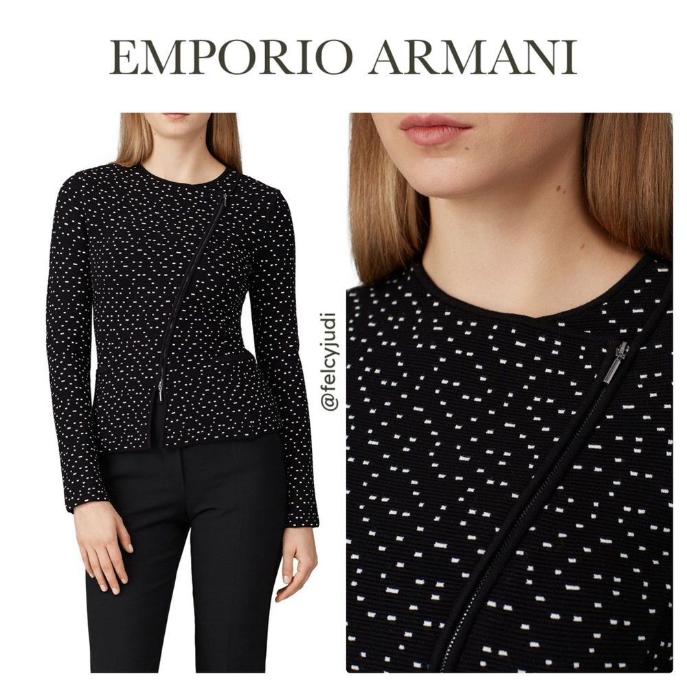 EMPORIO ARMANI | Women's Dot Printed Asymmetrical Zip Jacket in Black, Size‎ 42
